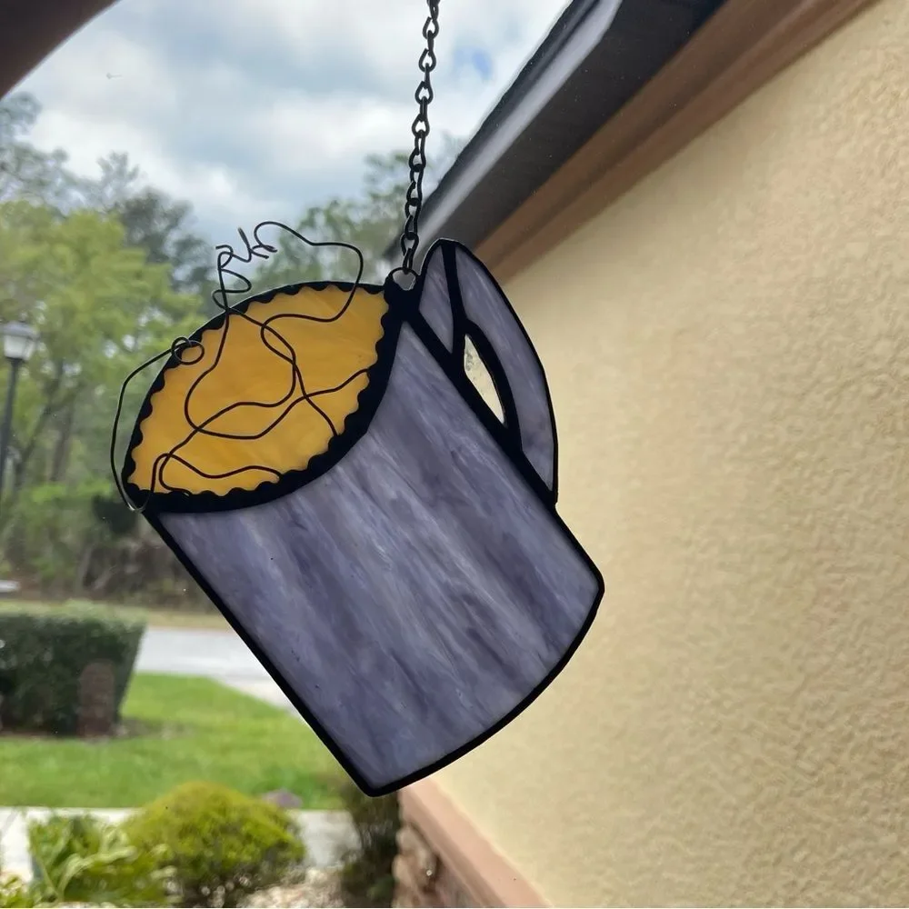 Stained Glass Coffee Cup Suncatcher Blue Mug Window Hanging Kitchen Decor